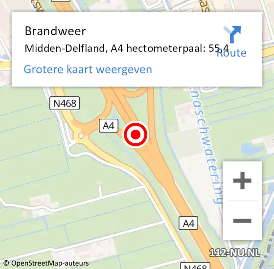 Locatie op kaart van de 112 melding: Brandweer Midden-Delfland, A4 hectometerpaal: 55,4 op 2 januari 2024 19:12