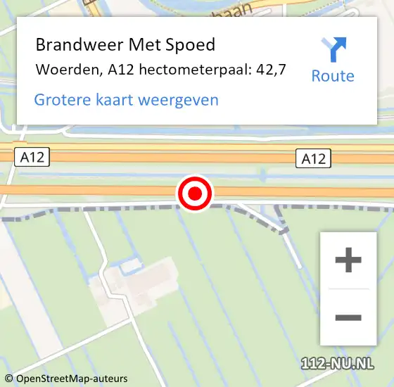Locatie op kaart van de 112 melding: Brandweer Met Spoed Naar Woerden, A12 hectometerpaal: 42,7 op 2 januari 2024 19:52