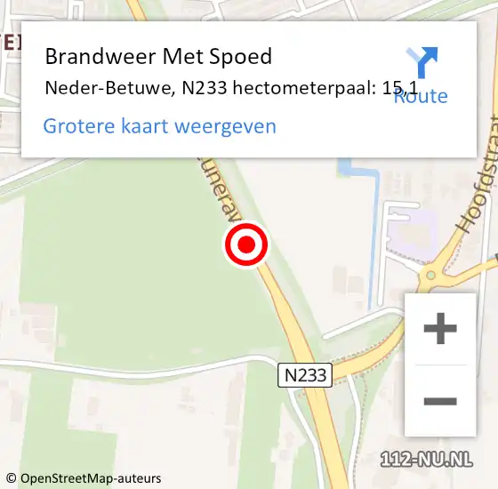 Locatie op kaart van de 112 melding: Brandweer Met Spoed Naar Neder-Betuwe, N233 hectometerpaal: 15,1 op 2 januari 2024 21:29