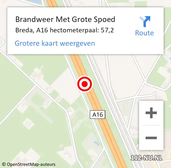 Locatie op kaart van de 112 melding: Brandweer Met Grote Spoed Naar Breda, A16 hectometerpaal: 57,2 op 2 januari 2024 21:29