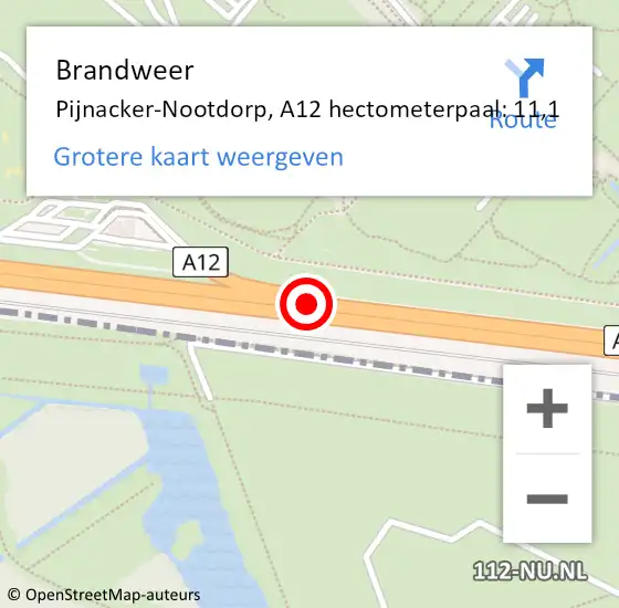 Locatie op kaart van de 112 melding: Brandweer Pijnacker-Nootdorp, A12 hectometerpaal: 11,1 op 2 januari 2024 21:52