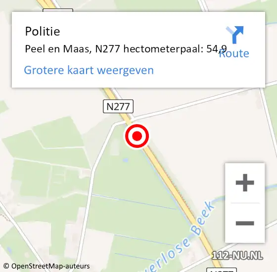 Locatie op kaart van de 112 melding: Politie Peel en Maas, N277 hectometerpaal: 54,9 op 2 januari 2024 21:55