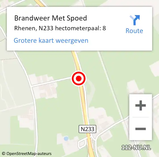 Locatie op kaart van de 112 melding: Brandweer Met Spoed Naar Rhenen, N233 hectometerpaal: 8 op 2 januari 2024 22:01