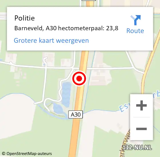 Locatie op kaart van de 112 melding: Politie Barneveld, A30 hectometerpaal: 23,8 op 2 januari 2024 22:22