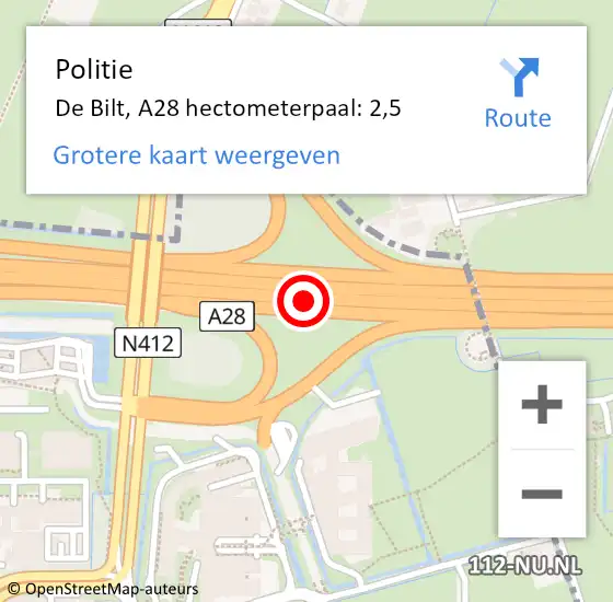 Locatie op kaart van de 112 melding: Politie De Bilt, A28 hectometerpaal: 2,5 op 2 januari 2024 22:47