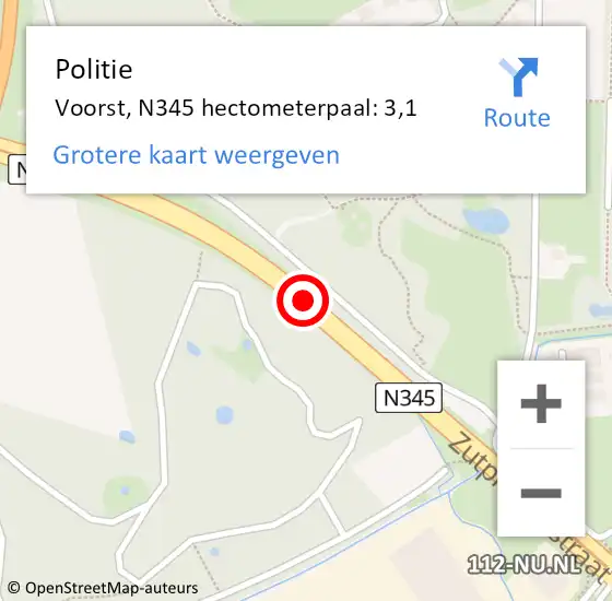 Locatie op kaart van de 112 melding: Politie Voorst, N345 hectometerpaal: 3,1 op 3 januari 2024 02:45