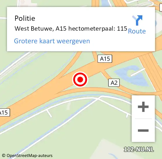 Locatie op kaart van de 112 melding: Politie West Betuwe, A15 hectometerpaal: 115 op 3 januari 2024 10:52