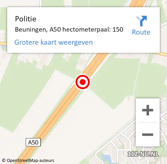 Locatie op kaart van de 112 melding: Politie Beuningen, A50 hectometerpaal: 150 op 3 januari 2024 14:09