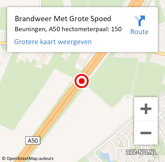 Locatie op kaart van de 112 melding: Brandweer Met Grote Spoed Naar Beuningen, A50 hectometerpaal: 150 op 3 januari 2024 14:10