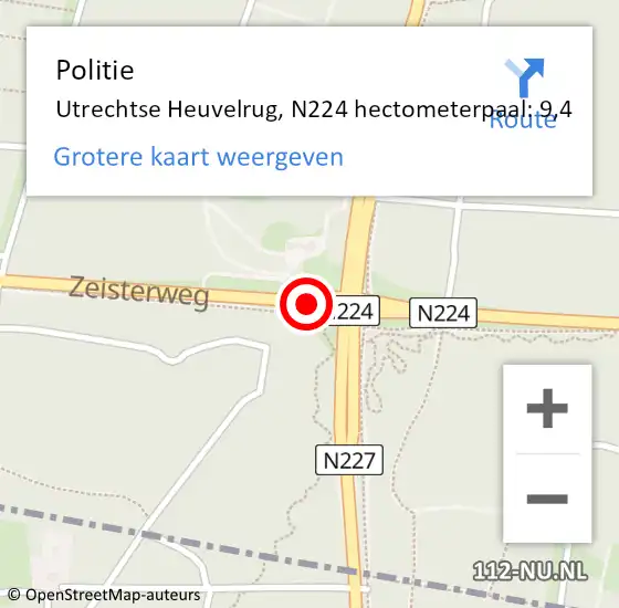 Locatie op kaart van de 112 melding: Politie Utrechtse Heuvelrug, N224 hectometerpaal: 9,4 op 3 januari 2024 14:10