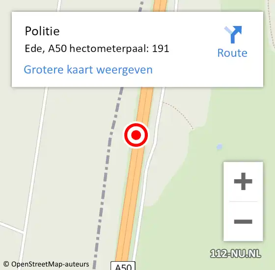 Locatie op kaart van de 112 melding: Politie Ede, A50 hectometerpaal: 191 op 3 januari 2024 15:12