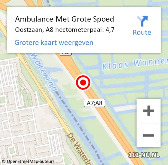 Locatie op kaart van de 112 melding: Ambulance Met Grote Spoed Naar Oostzaan, A8 hectometerpaal: 4,7 op 3 januari 2024 17:11