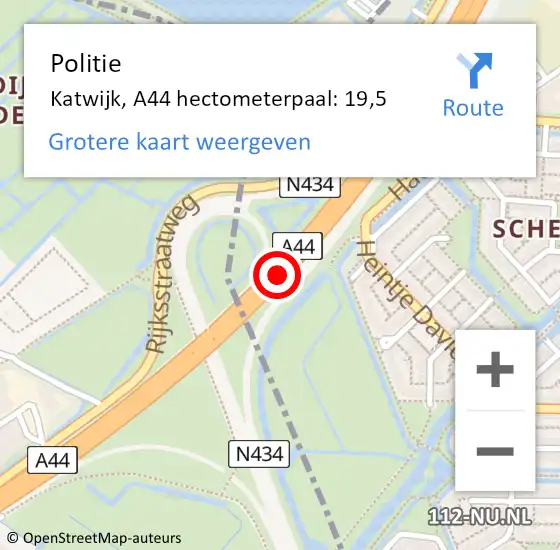 Locatie op kaart van de 112 melding: Politie Katwijk, A44 hectometerpaal: 19,5 op 3 januari 2024 17:26