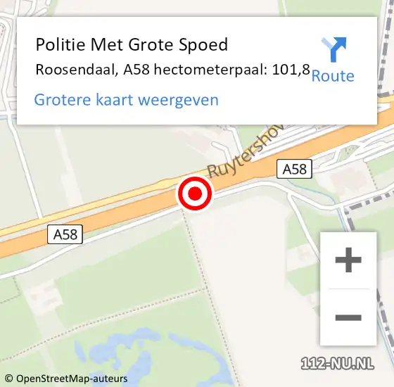 Locatie op kaart van de 112 melding: Politie Met Grote Spoed Naar Roosendaal, A58 hectometerpaal: 101,8 op 3 januari 2024 18:19