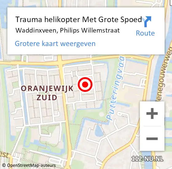 Locatie op kaart van de 112 melding: Trauma helikopter Met Grote Spoed Naar Waddinxveen, Philips Willemstraat op 3 januari 2024 18:32