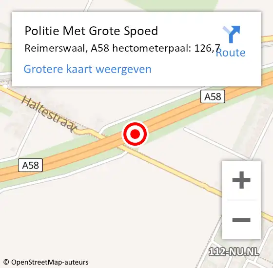 Locatie op kaart van de 112 melding: Politie Met Grote Spoed Naar Reimerswaal, A58 hectometerpaal: 126,7 op 3 januari 2024 20:50