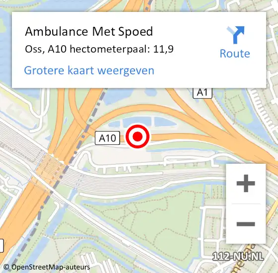 Locatie op kaart van de 112 melding: Ambulance Met Spoed Naar Oss, A10 hectometerpaal: 11,9 op 4 januari 2024 01:28