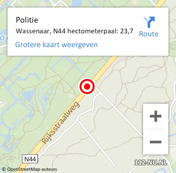 Locatie op kaart van de 112 melding: Politie Wassenaar, N44 hectometerpaal: 23,7 op 4 januari 2024 05:27