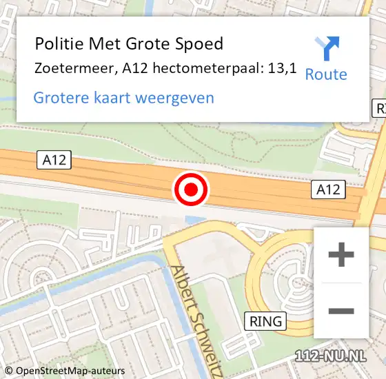 Locatie op kaart van de 112 melding: Politie Met Grote Spoed Naar Zoetermeer, A12 hectometerpaal: 13,1 op 4 januari 2024 07:06