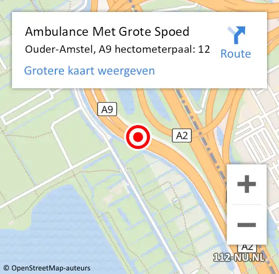 Locatie op kaart van de 112 melding: Ambulance Met Grote Spoed Naar Ouder-Amstel, A9 hectometerpaal: 12 op 4 januari 2024 07:39