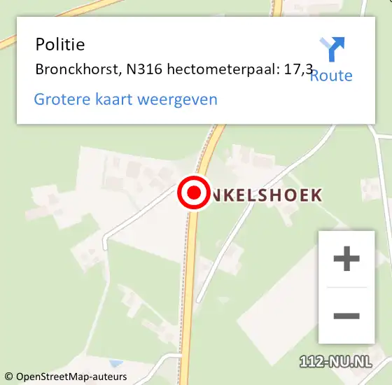 Locatie op kaart van de 112 melding: Politie Bronckhorst, N316 hectometerpaal: 17,3 op 4 januari 2024 14:46