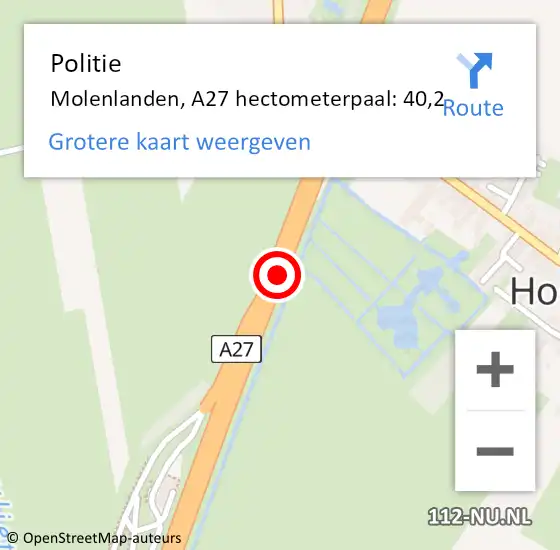 Locatie op kaart van de 112 melding: Politie Molenlanden, A27 hectometerpaal: 40,2 op 4 januari 2024 16:28