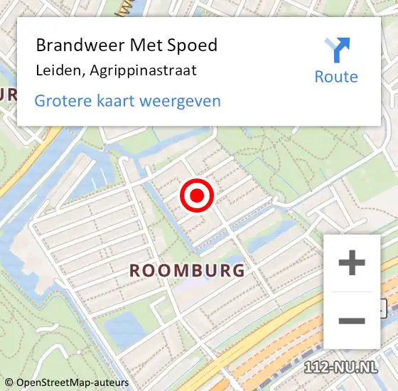 Locatie op kaart van de 112 melding: Brandweer Met Spoed Naar Leiden, Agrippinastraat op 4 januari 2024 17:06