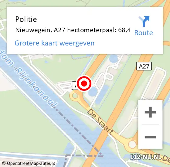 Locatie op kaart van de 112 melding: Politie Nieuwegein, A27 hectometerpaal: 68,4 op 4 januari 2024 17:33