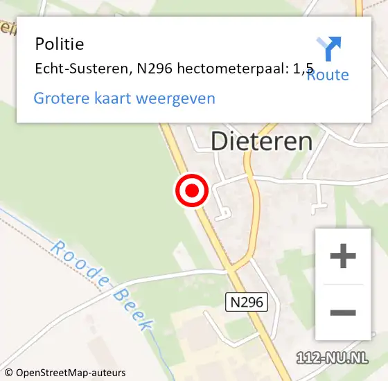 Locatie op kaart van de 112 melding: Politie Echt-Susteren, N296 hectometerpaal: 1,5 op 4 januari 2024 18:00