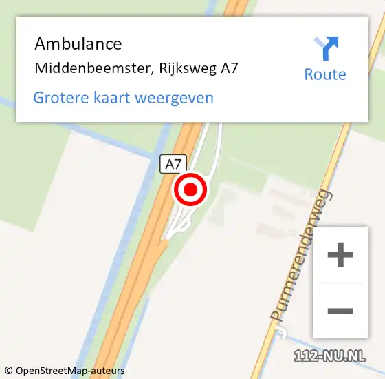 Locatie op kaart van de 112 melding: Ambulance Middenbeemster, Rijksweg A7 op 4 januari 2024 22:54