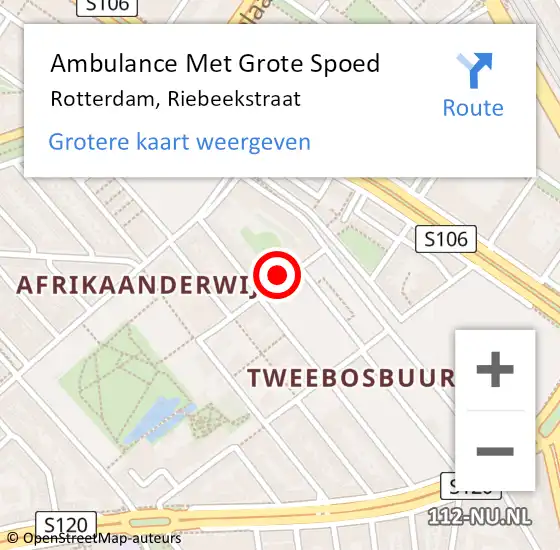 Locatie op kaart van de 112 melding: Ambulance Met Grote Spoed Naar Rotterdam, Riebeekstraat op 5 januari 2024 00:24