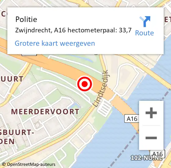Locatie op kaart van de 112 melding: Politie Zwijndrecht, A16 hectometerpaal: 33,7 op 5 januari 2024 07:01