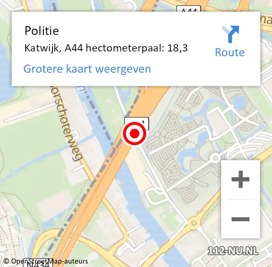 Locatie op kaart van de 112 melding: Politie Katwijk, A44 hectometerpaal: 18,3 op 5 januari 2024 07:31