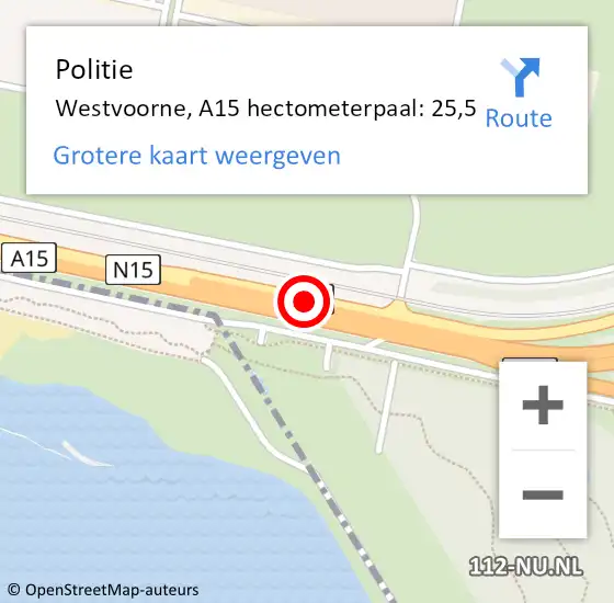 Locatie op kaart van de 112 melding: Politie Westvoorne, A15 hectometerpaal: 25,5 op 5 januari 2024 07:50