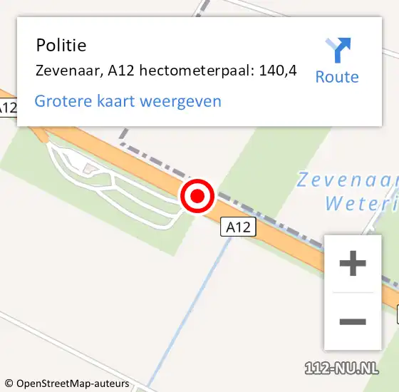 Locatie op kaart van de 112 melding: Politie Zevenaar, A12 hectometerpaal: 140,4 op 5 januari 2024 14:33