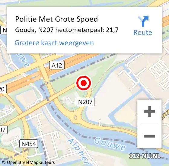 Locatie op kaart van de 112 melding: Politie Met Grote Spoed Naar Gouda, N207 hectometerpaal: 21,7 op 5 januari 2024 14:47