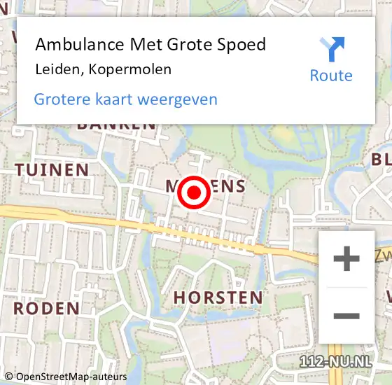 Locatie op kaart van de 112 melding: Ambulance Met Grote Spoed Naar Leiden, Kopermolen op 5 januari 2024 14:58