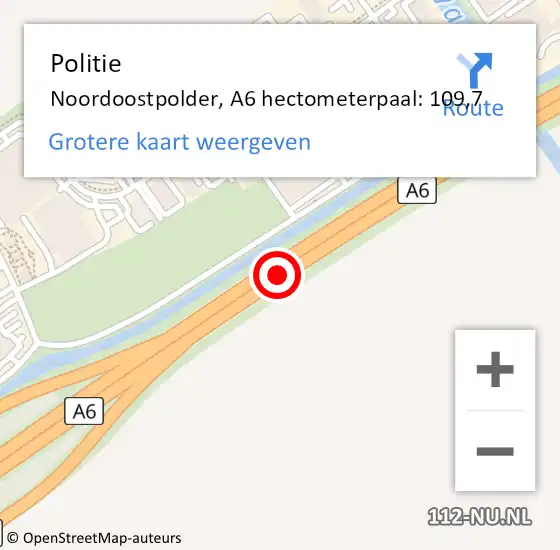 Locatie op kaart van de 112 melding: Politie Noordoostpolder, A6 hectometerpaal: 109,7 op 5 januari 2024 15:08