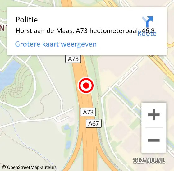 Locatie op kaart van de 112 melding: Politie Horst aan de Maas, A73 hectometerpaal: 46,9 op 5 januari 2024 18:03