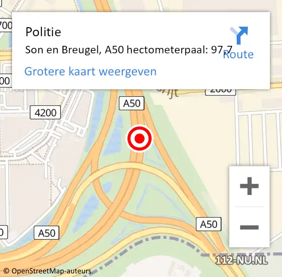 Locatie op kaart van de 112 melding: Politie Son en Breugel, A50 hectometerpaal: 97,7 op 5 januari 2024 18:49