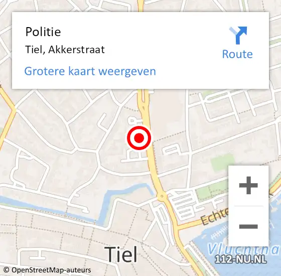 Locatie op kaart van de 112 melding: Politie Tiel, Akkerstraat op 5 januari 2024 23:13