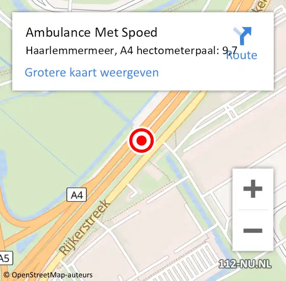 Locatie op kaart van de 112 melding: Ambulance Met Spoed Naar Haarlemmermeer, A4 hectometerpaal: 9,7 op 6 januari 2024 00:23