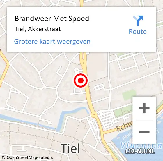 Locatie op kaart van de 112 melding: Brandweer Met Spoed Naar Tiel, Akkerstraat op 6 januari 2024 02:19