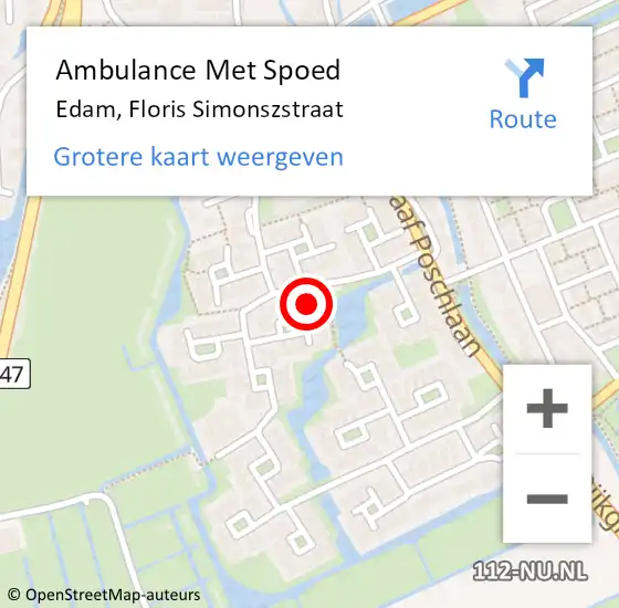 Locatie op kaart van de 112 melding: Ambulance Met Spoed Naar Edam, Floris Simonszstraat op 6 januari 2024 02:21
