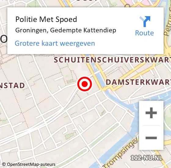 Locatie op kaart van de 112 melding: Politie Met Spoed Naar Groningen, Gedempte Kattendiep op 6 januari 2024 04:36