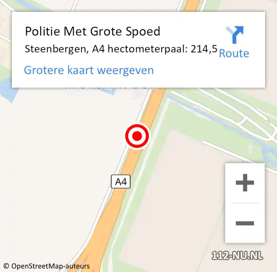 Locatie op kaart van de 112 melding: Politie Met Grote Spoed Naar Steenbergen, A4 hectometerpaal: 214,5 op 6 januari 2024 15:36