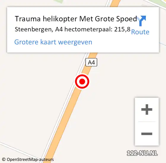 Locatie op kaart van de 112 melding: Trauma helikopter Met Grote Spoed Naar Steenbergen, A4 hectometerpaal: 215,8 op 6 januari 2024 15:37