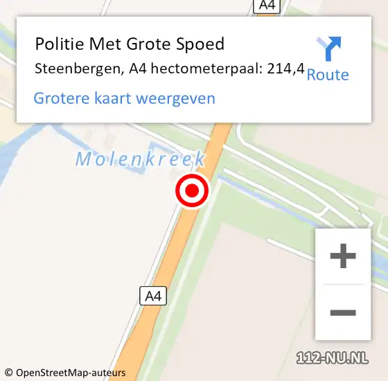 Locatie op kaart van de 112 melding: Politie Met Grote Spoed Naar Steenbergen, A4 hectometerpaal: 214,4 op 6 januari 2024 15:38