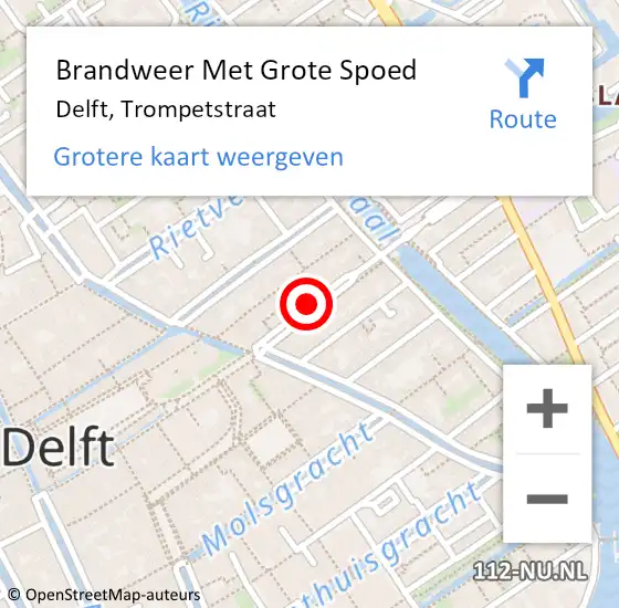 Locatie op kaart van de 112 melding: Brandweer Met Grote Spoed Naar Delft, Trompetstraat op 6 januari 2024 17:59