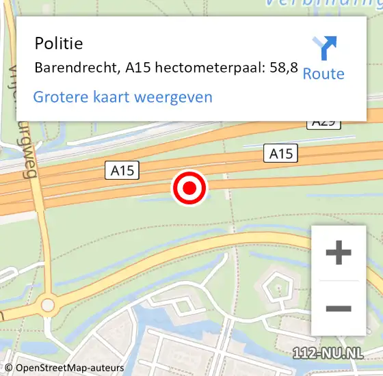 Locatie op kaart van de 112 melding: Politie Barendrecht, A15 hectometerpaal: 58,8 op 6 januari 2024 18:39